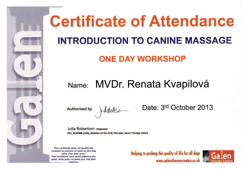 Seminář Introduction to canine massage - Julia Robertson (Galen Therapy Centre,UK)